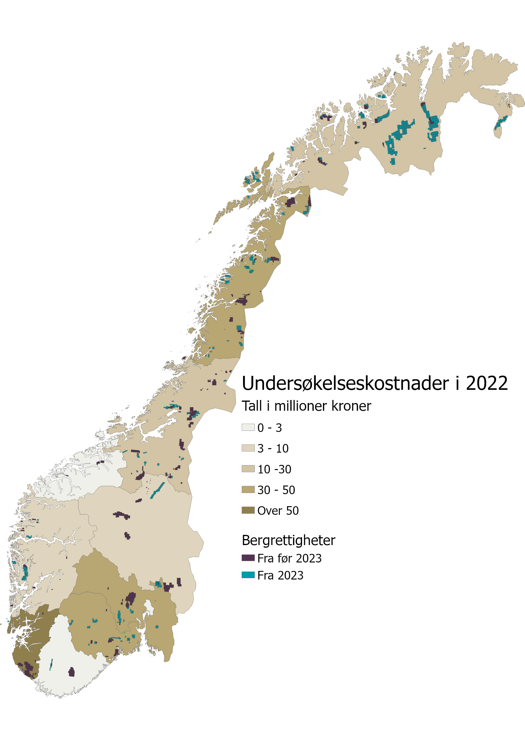 Kart som viser antall tildelte bergrettigheter i perioden 2014–2023